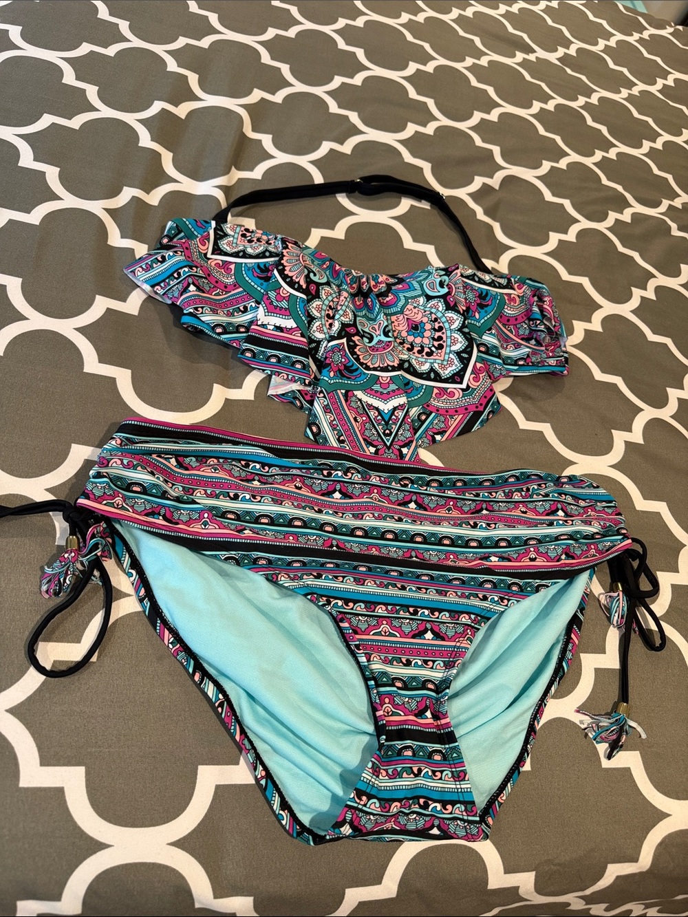 Striped Aztec Print Bikini Bottom in Teal and Pink